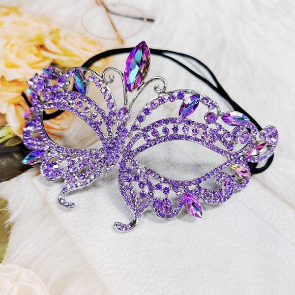Purple Masquerade Ball Mask, Wedding Mask, Lavender Crystal Mask, Silver Mask - Picture 4 of 9